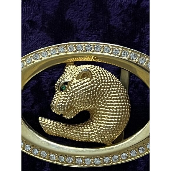 Rare Leopard Jaguar Wildcat Panther Belt Buckle Gold Tone Rhinestones Green Eye main image 6
